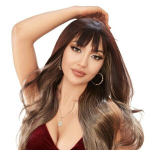 Wine Red Mixed Blonde Highlights Wigs with Bangs 12 Inch Wig Fanshion Women